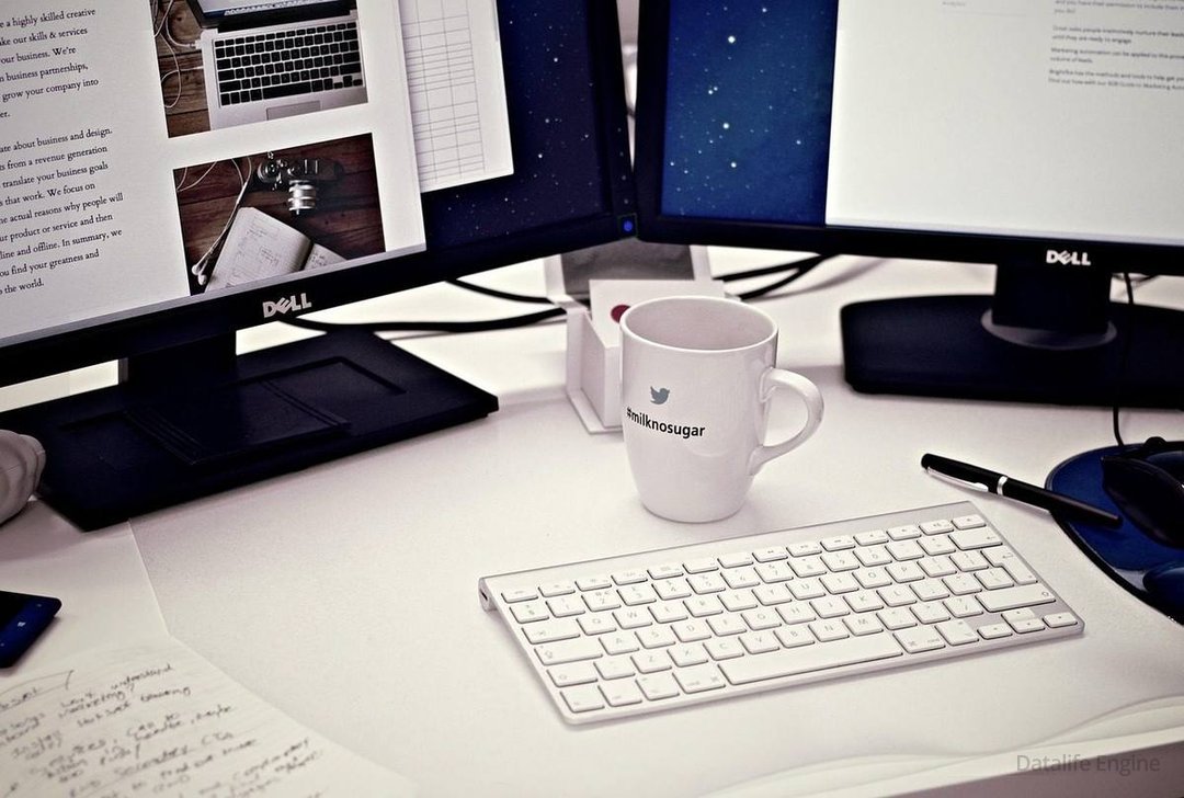 workstation, home office, computer, coffee mug, cup, keyboard, monitor